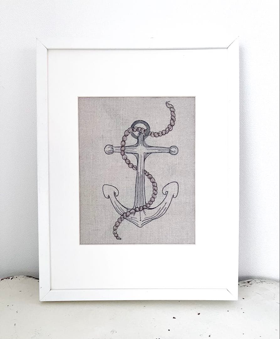 Coral & Tusk 錨（イカリ）の刺繍 リネン作品 額装用