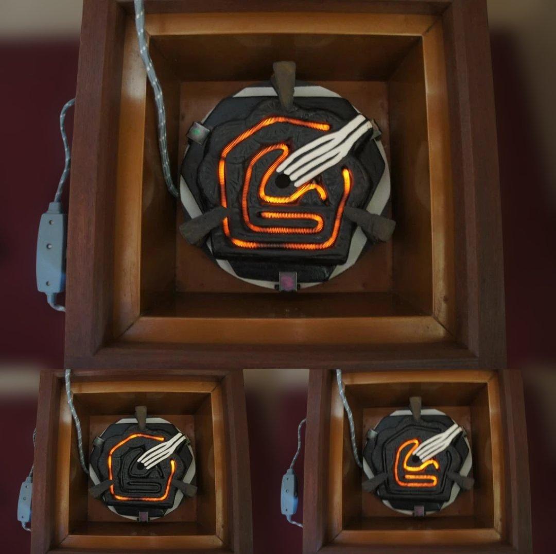 ☆本桑 置炉 在銘 平丸千筋釜 釜鐶 置炉用600w炭型電熱器 送料込み