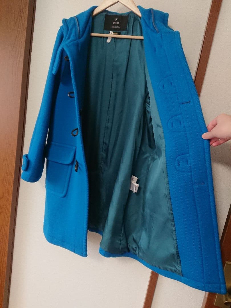 日本製　INED　ヘリンボーンダッフルコート　ブルー　青　15号XL　レディース