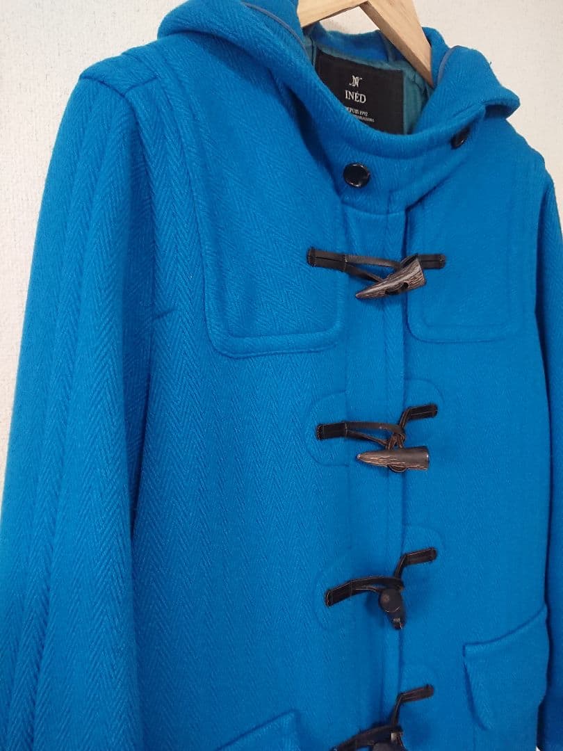 日本製　INED　ヘリンボーンダッフルコート　ブルー　青　15号XL　レディース