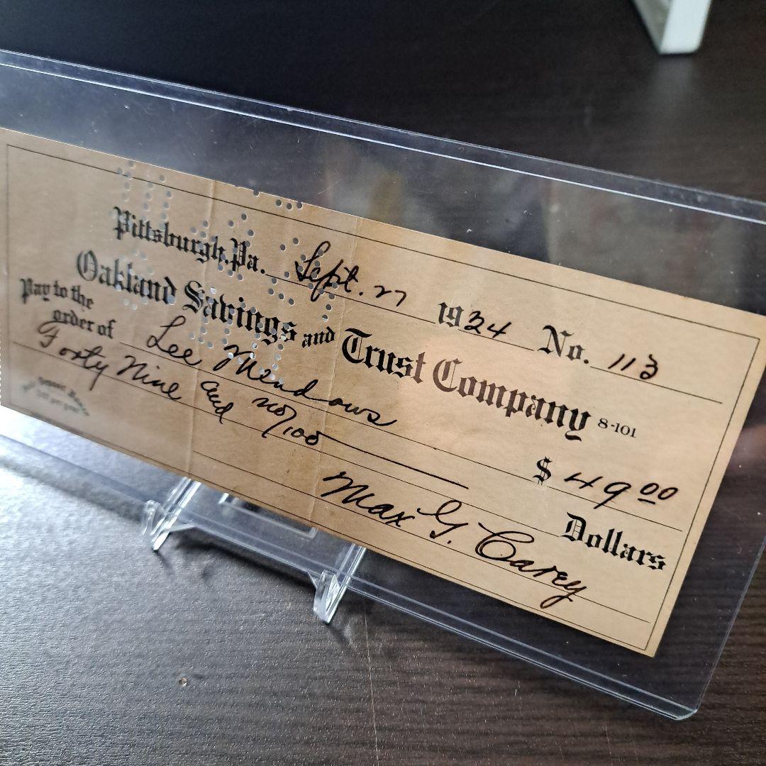 マックス・キャリー　直筆サイン　1934年　小切手　MLB 野球殿堂　HOF