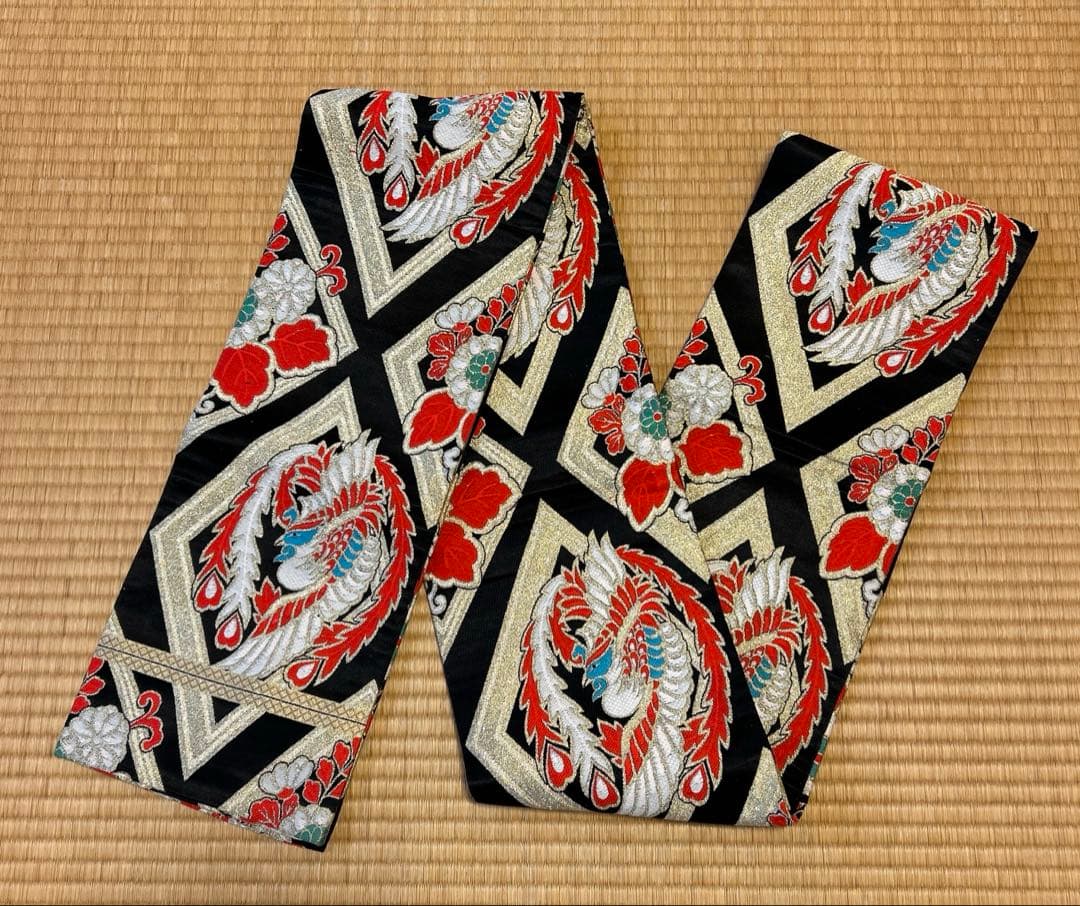 七五三　結び帯　帯　両面柄　赤　7歳　七歳　豪華両面柄入り　鳳凰