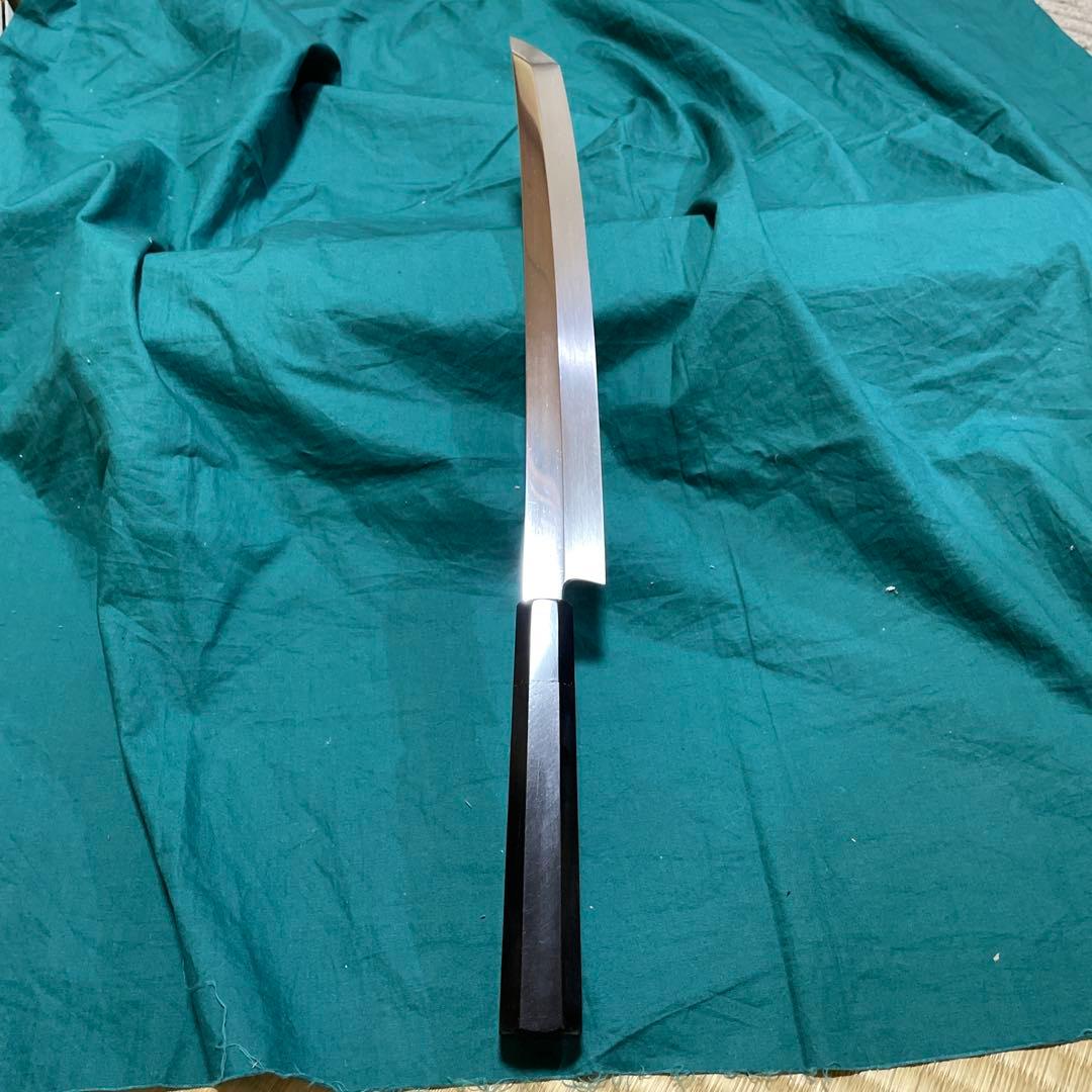 刀型刺身包丁　銀３本焼　先丸尺１寸　表鏡面　炎作り鍛造本焼