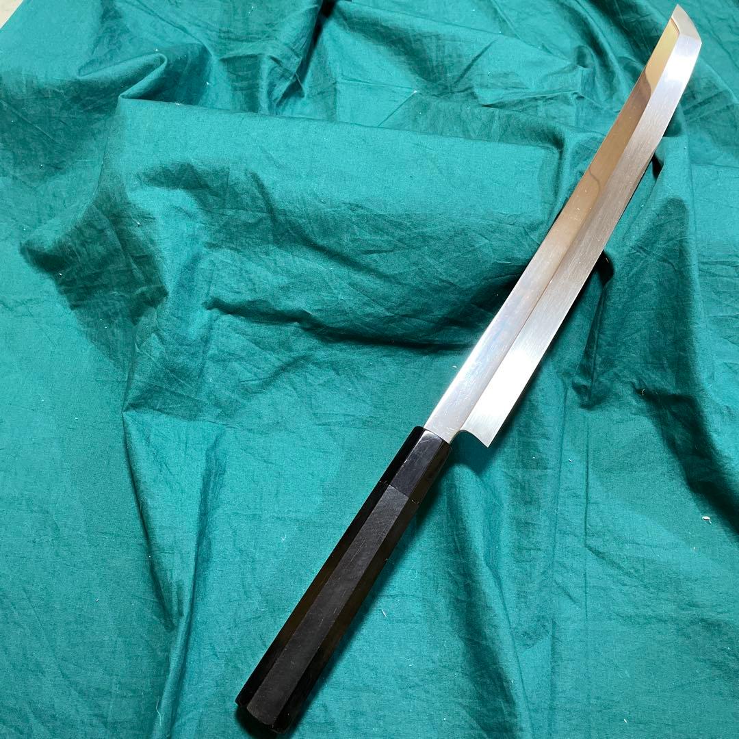 刀型刺身包丁　銀３本焼　先丸尺１寸　表鏡面　炎作り鍛造本焼