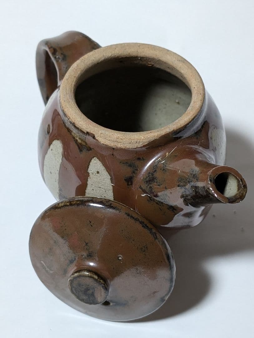 （押し上2-C）浜田庄司　急須　茶色と白の模様