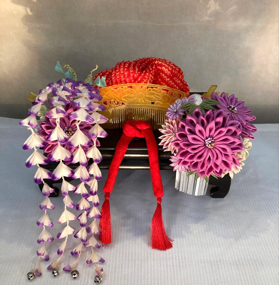 専用　紫菊花簪　藤下り　櫛平打ち簪　Uピン後挿し玉飾り　画像14鹿の子ちんころ