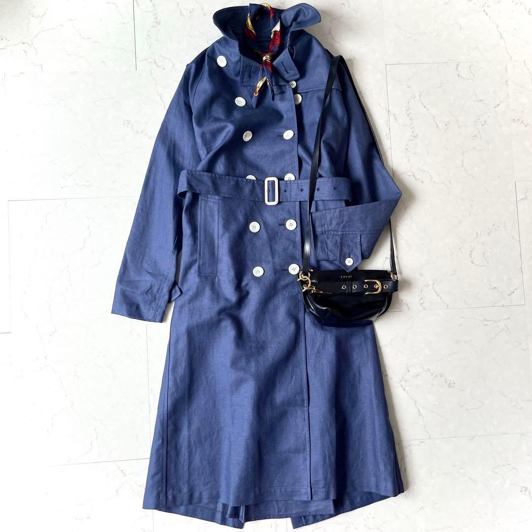 極美品 高級 グレンフェル 英国製 38→M リネン トレンチコート 青ネイビー