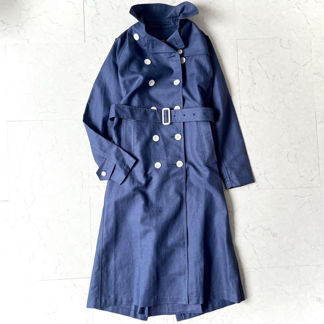 極美品 高級 グレンフェル 英国製 38→M リネン トレンチコート 青ネイビー