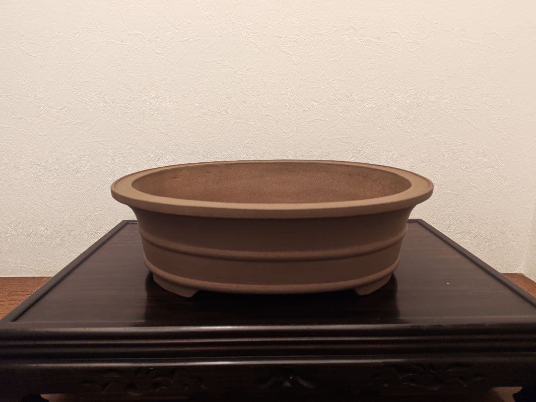 中型〜大型 陶器製 楕円形盆栽鉢 黄土茶色　落款あり