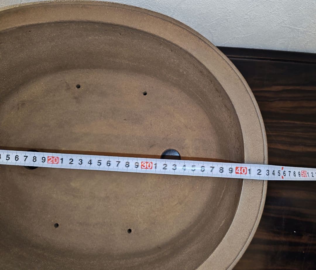 中型〜大型 陶器製 楕円形盆栽鉢 黄土茶色　落款あり