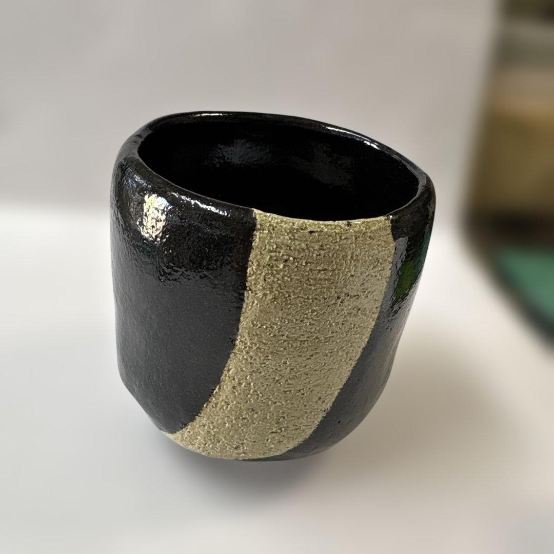 寒月黒楽筒茶碗　松楽造　陶器の松楽印付　未使用
