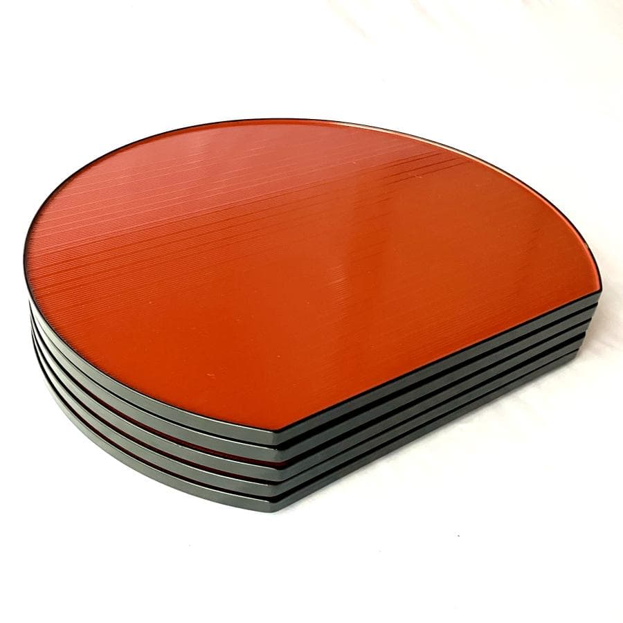 【天然木・特大】漆器 半月盆 5枚セット 38.5cm 朱色（裏面：黒）