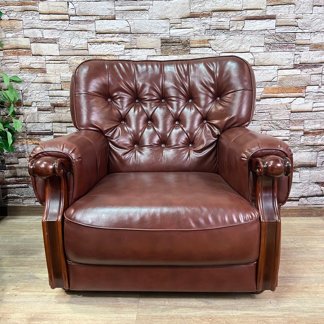 ꧁カリモク家具 karimoku꧂1人掛けアームソファ ブラウンレザー 合成皮革