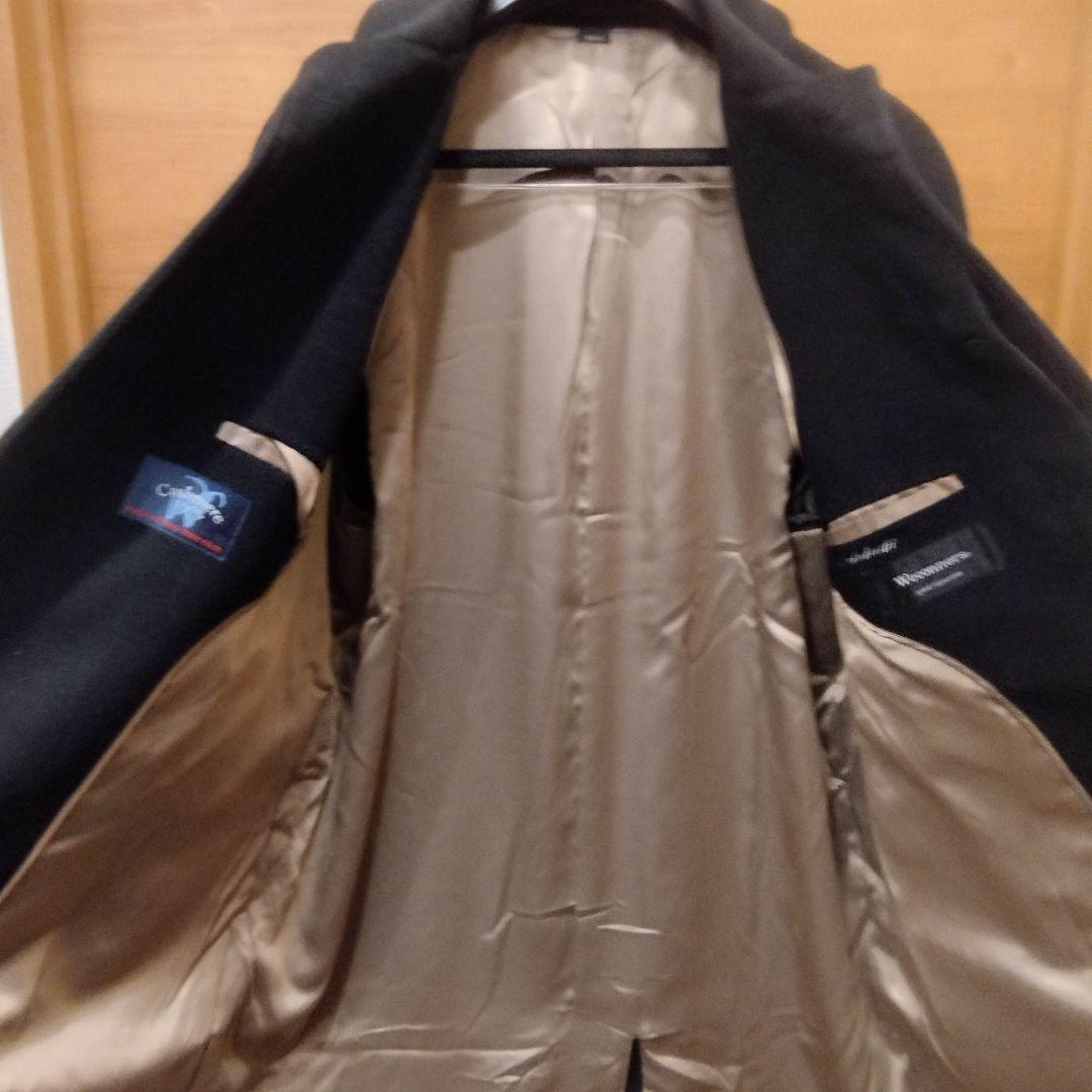 【美品】カシミヤ100%　ステンカラーコート　金裏地　比翼　ロング丈　黒