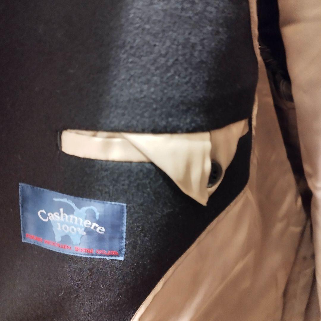 【美品】カシミヤ100%　ステンカラーコート　金裏地　比翼　ロング丈　黒