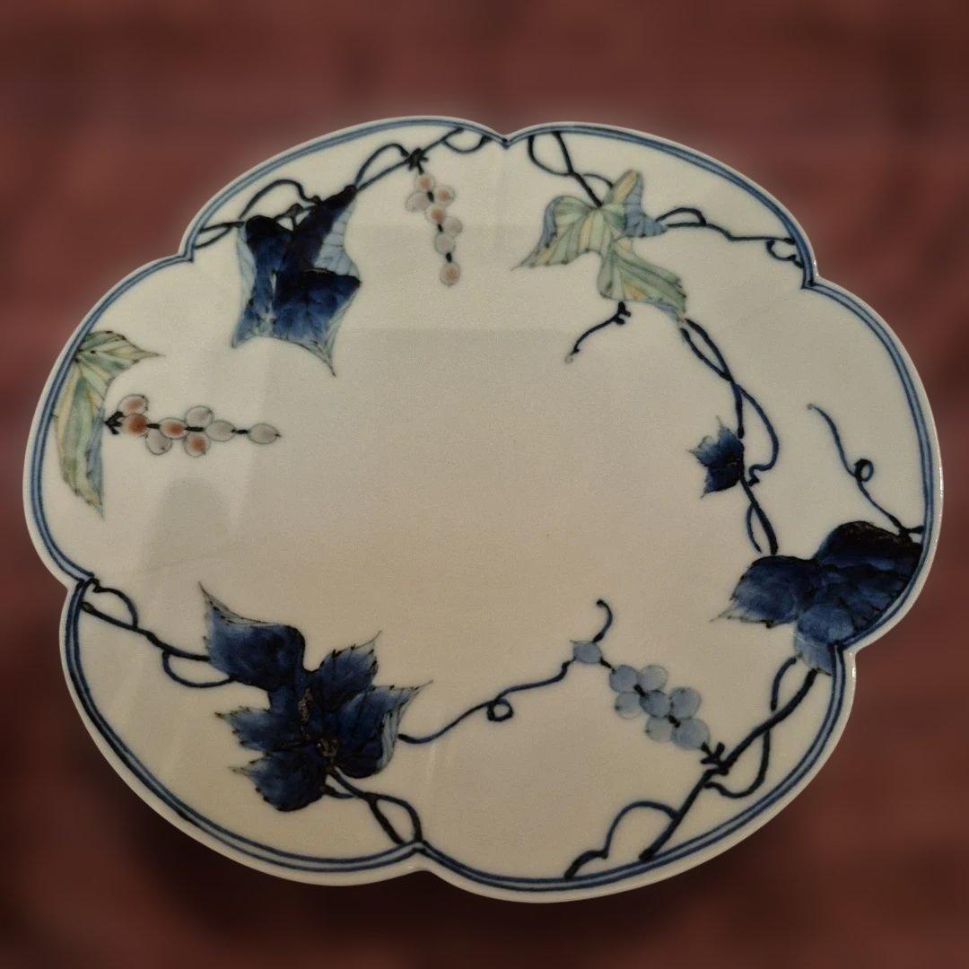 九谷焼　理節　色ぶどう花形皿　5枚