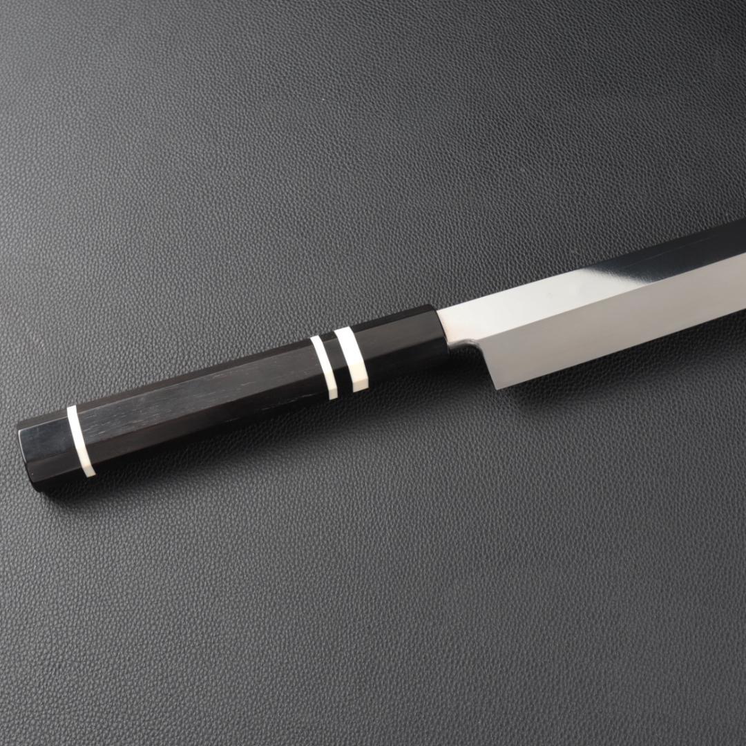 8398 柳刃包丁 尺一 鏡面仕上げ 刺身包丁 黒檀黒水牛角白三本巻八角柄