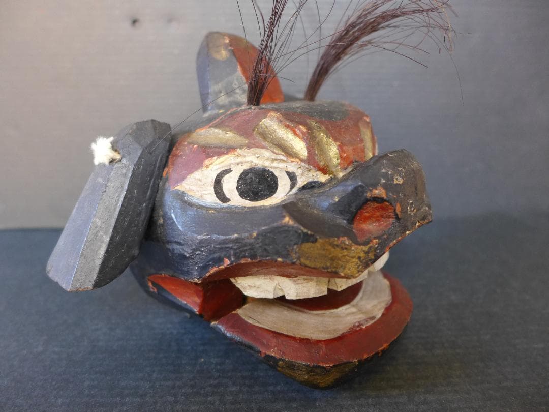 明治大正期頃　獅子頭　一刀彫り　木彫　魔除け　厄除け レトロ　アンティーク　骨董