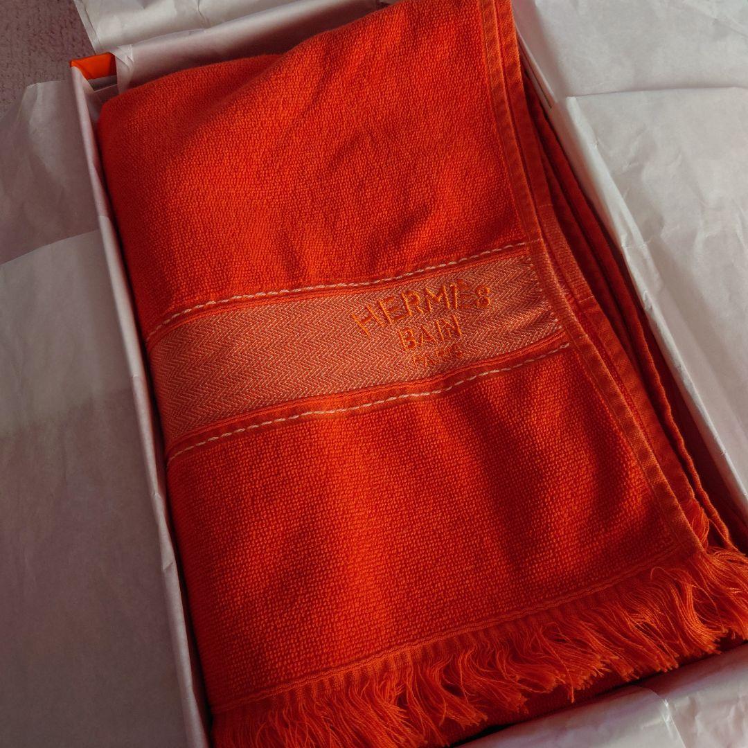 HERMES Bain オレンジタオル フリンジ付き