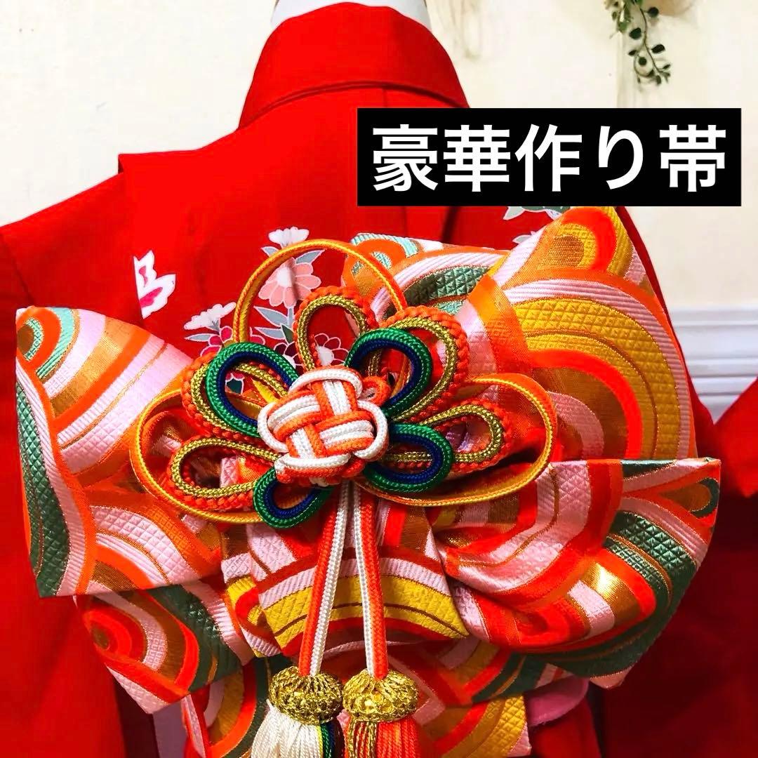 七五三 七歳‼️人気赤地に蝶々花々金彩金箔煌びやか‼️便利で人気❤️完全フルセット‼️赤