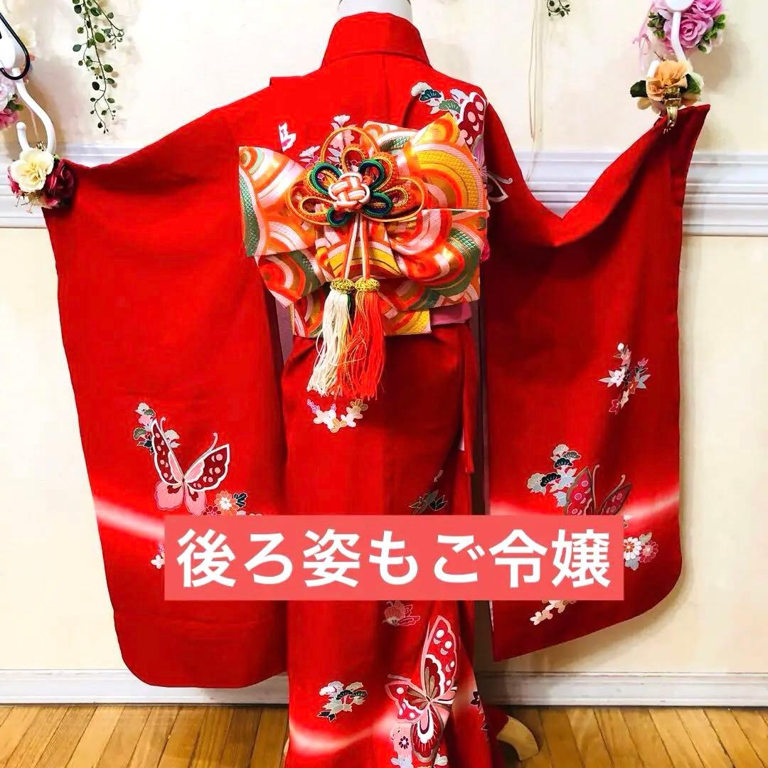 七五三 七歳‼️人気赤地に蝶々花々金彩金箔煌びやか‼️便利で人気❤️完全フルセット‼️赤