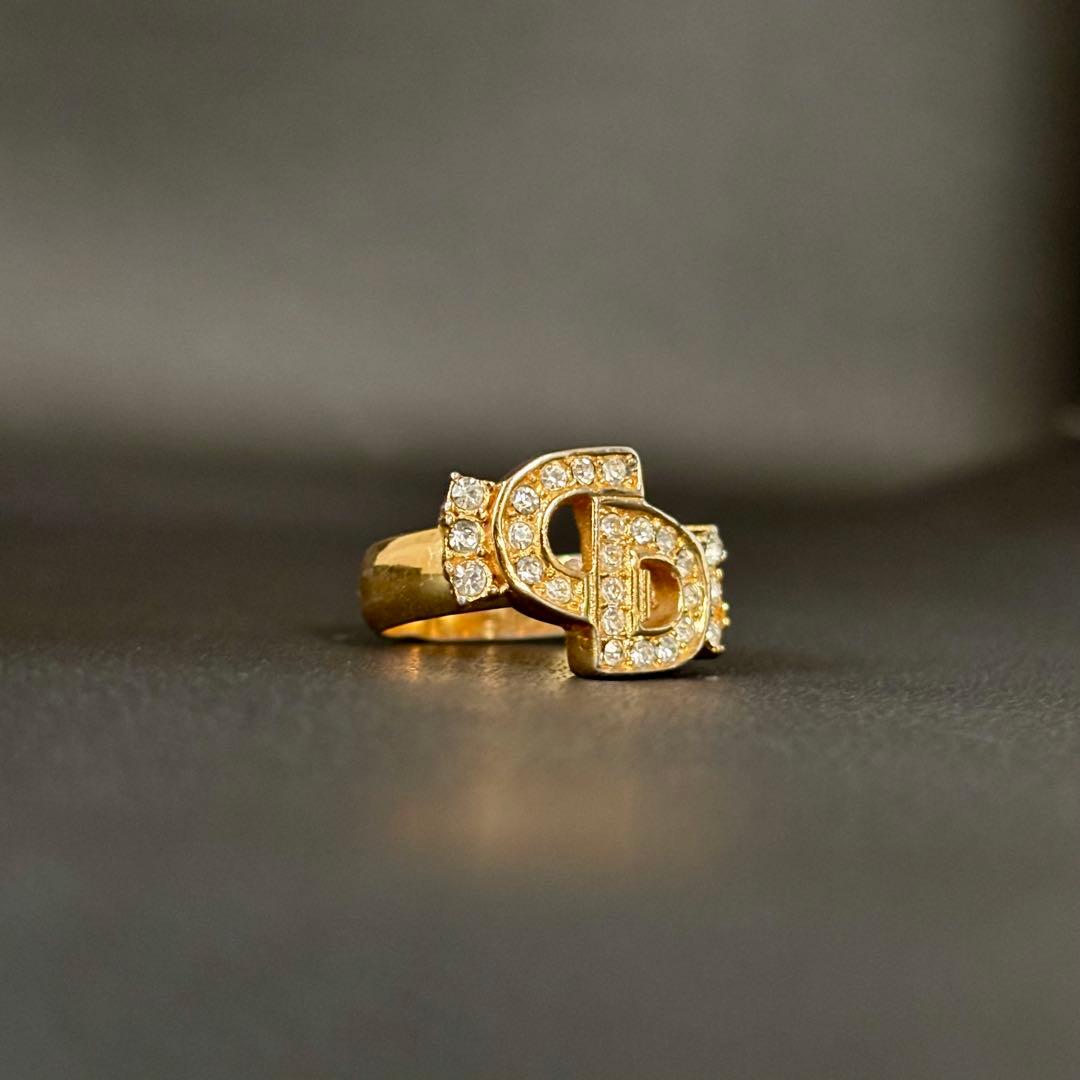 【良品】【クリスチャンディオール】CD ロゴ ラインストーン リング 12号