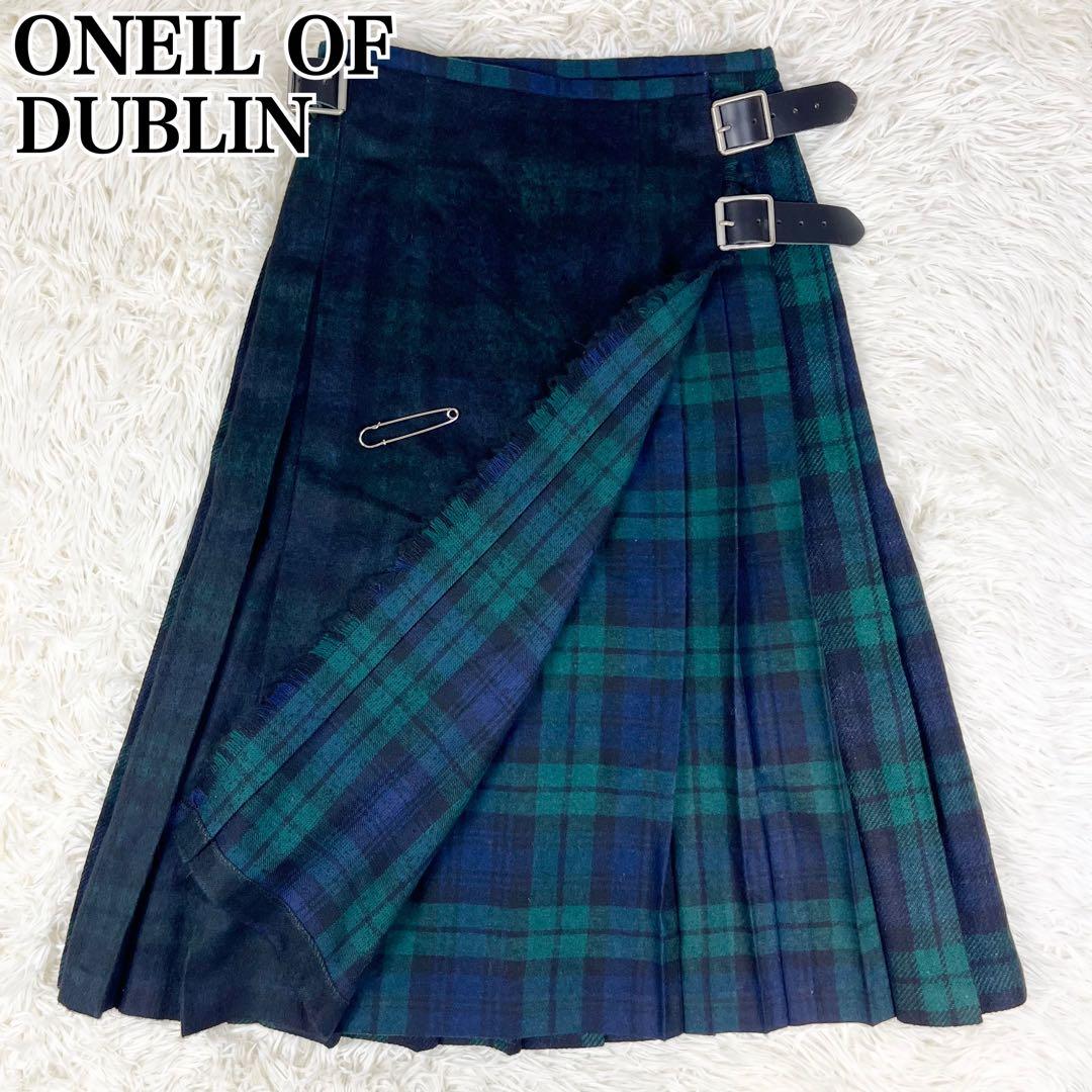 オニールオブダブリン プリーツ ウール ラップスカート チェック 近年 グリーン