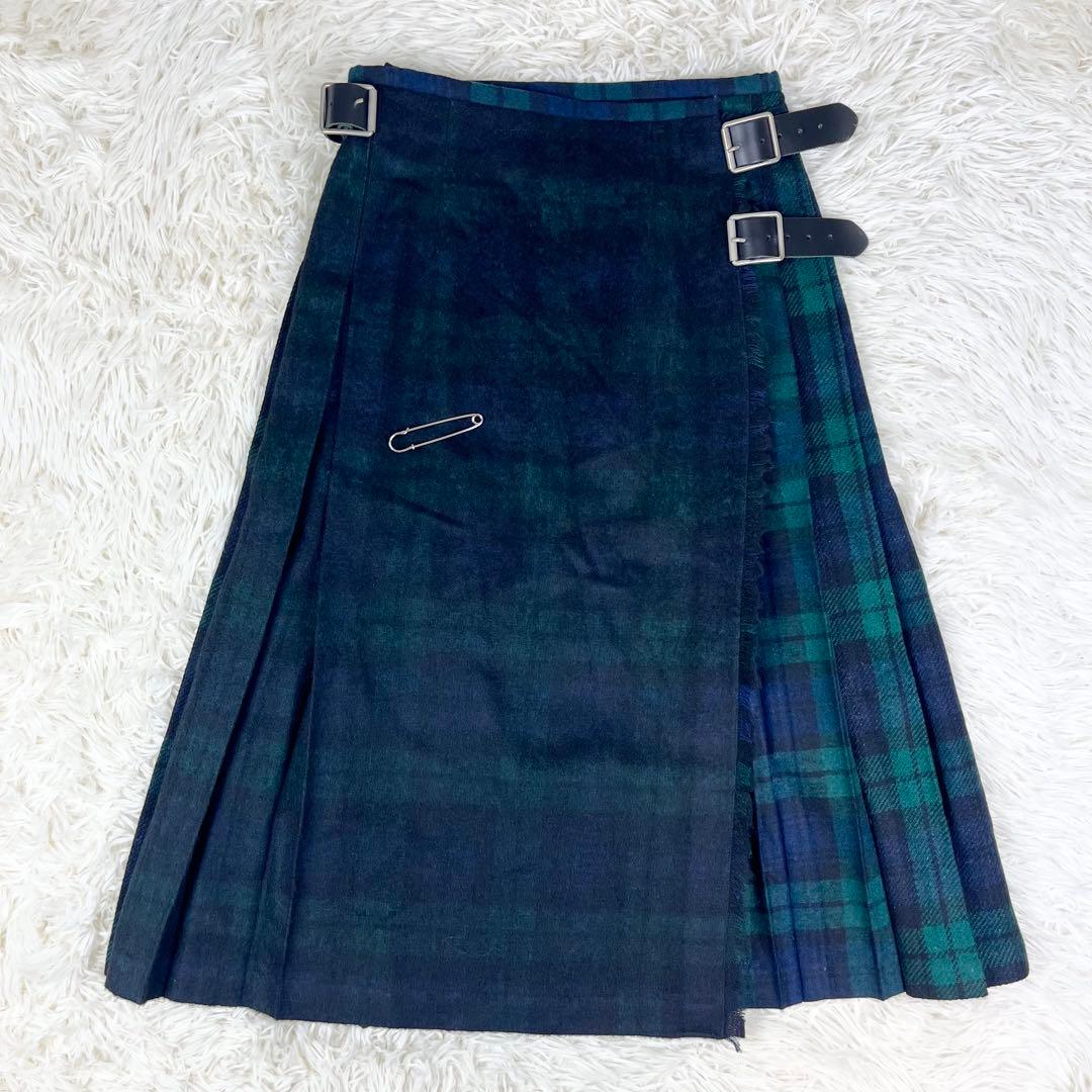 オニールオブダブリン プリーツ ウール ラップスカート チェック 近年 グリーン