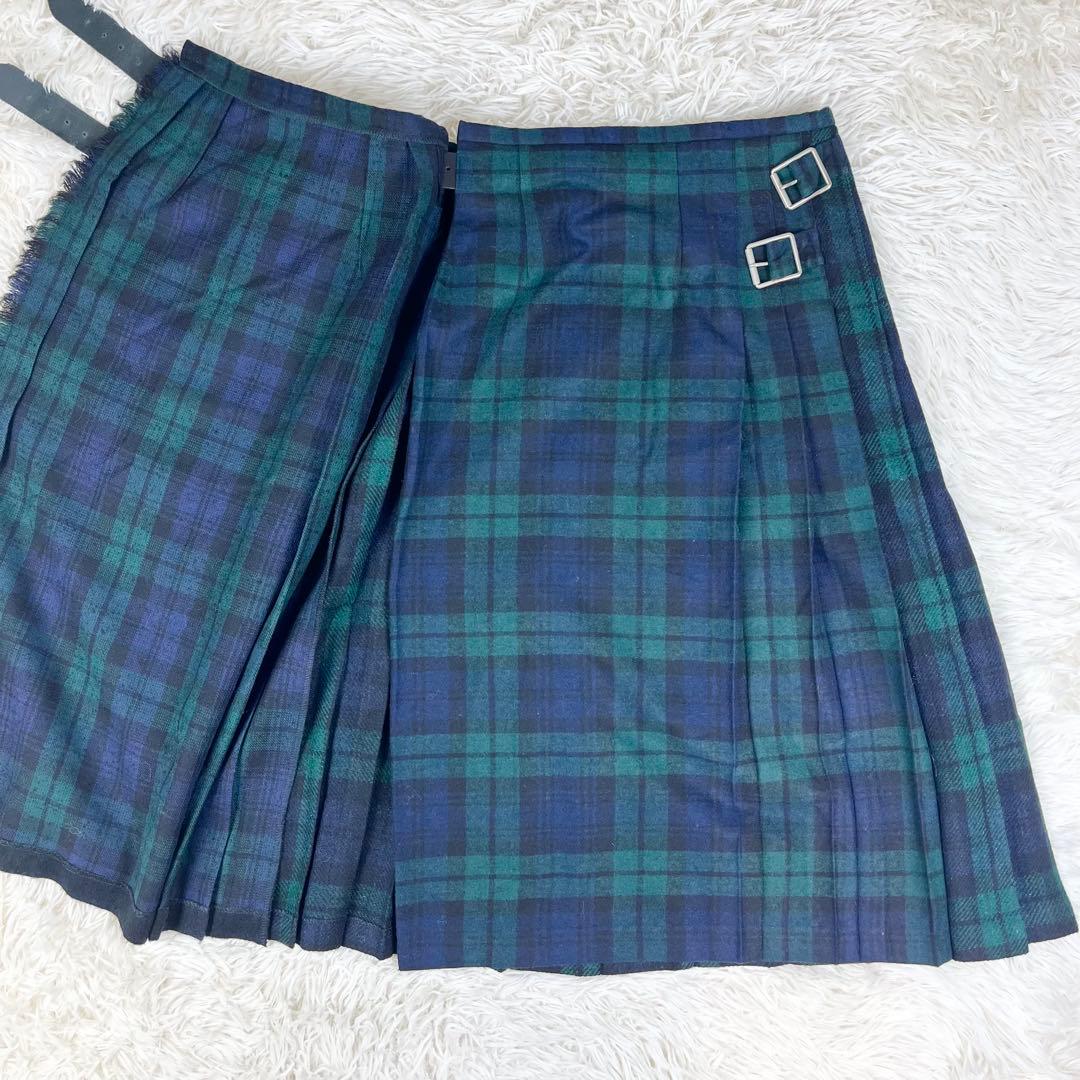 オニールオブダブリン プリーツ ウール ラップスカート チェック 近年 グリーン