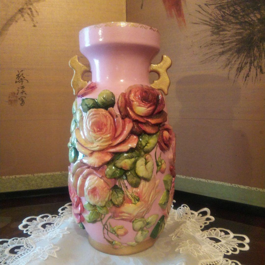 デコパージュ 作家 花瓶 特大 バラ ピンク ゴールド