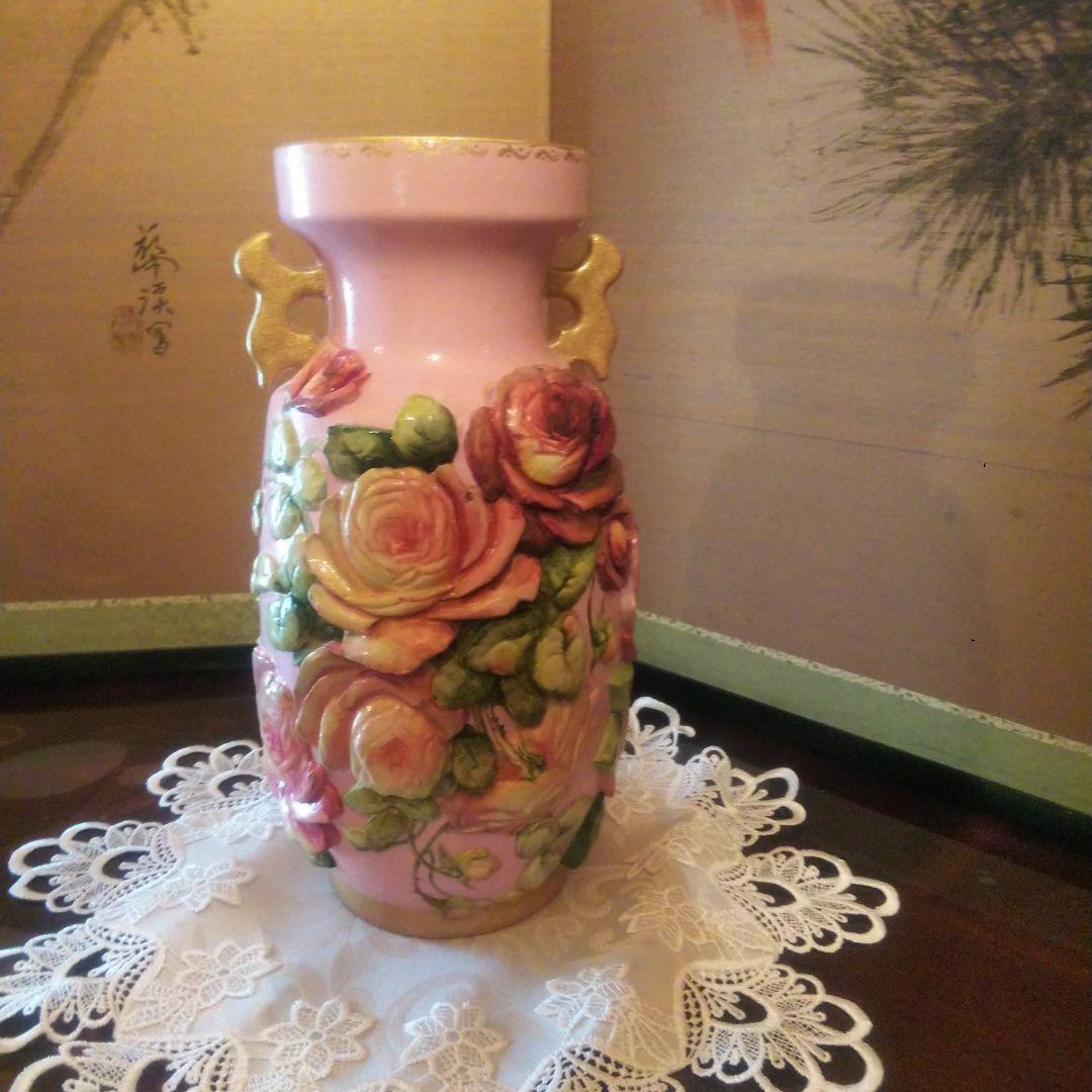 デコパージュ 作家 花瓶 特大 バラ ピンク ゴールド