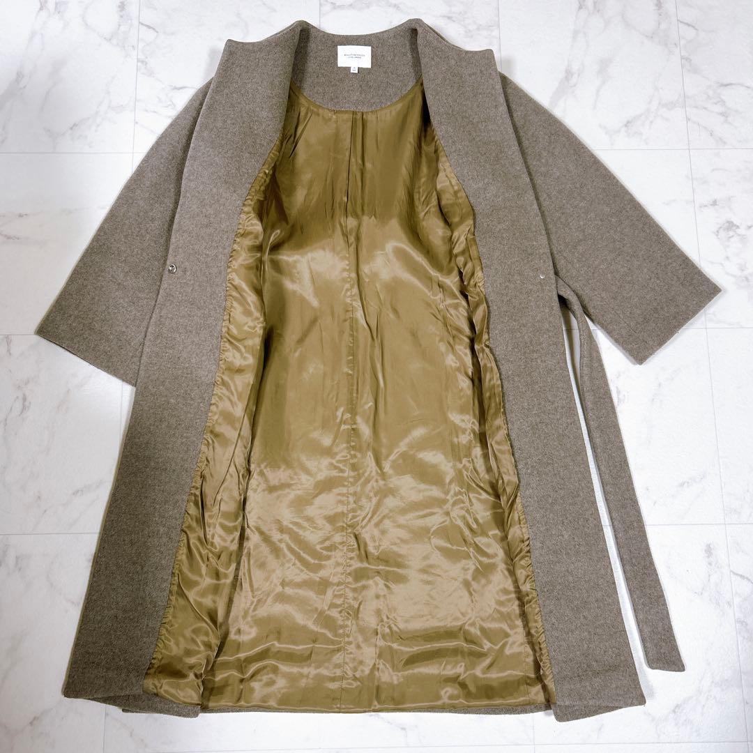 美品 Beauty&Youth ビーバーノーカラーロング コート S 20AW