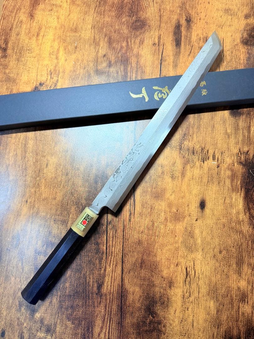 森本光一作　刺身 先丸　青ニ鋼 墨流し　尺一寸　黒檀八角水牛柄