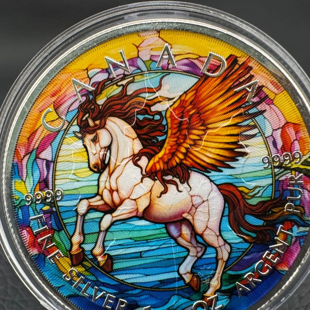 世界100枚 カナダ メイプルリーフ 銀貨 カラー ステンドグラスペガサス