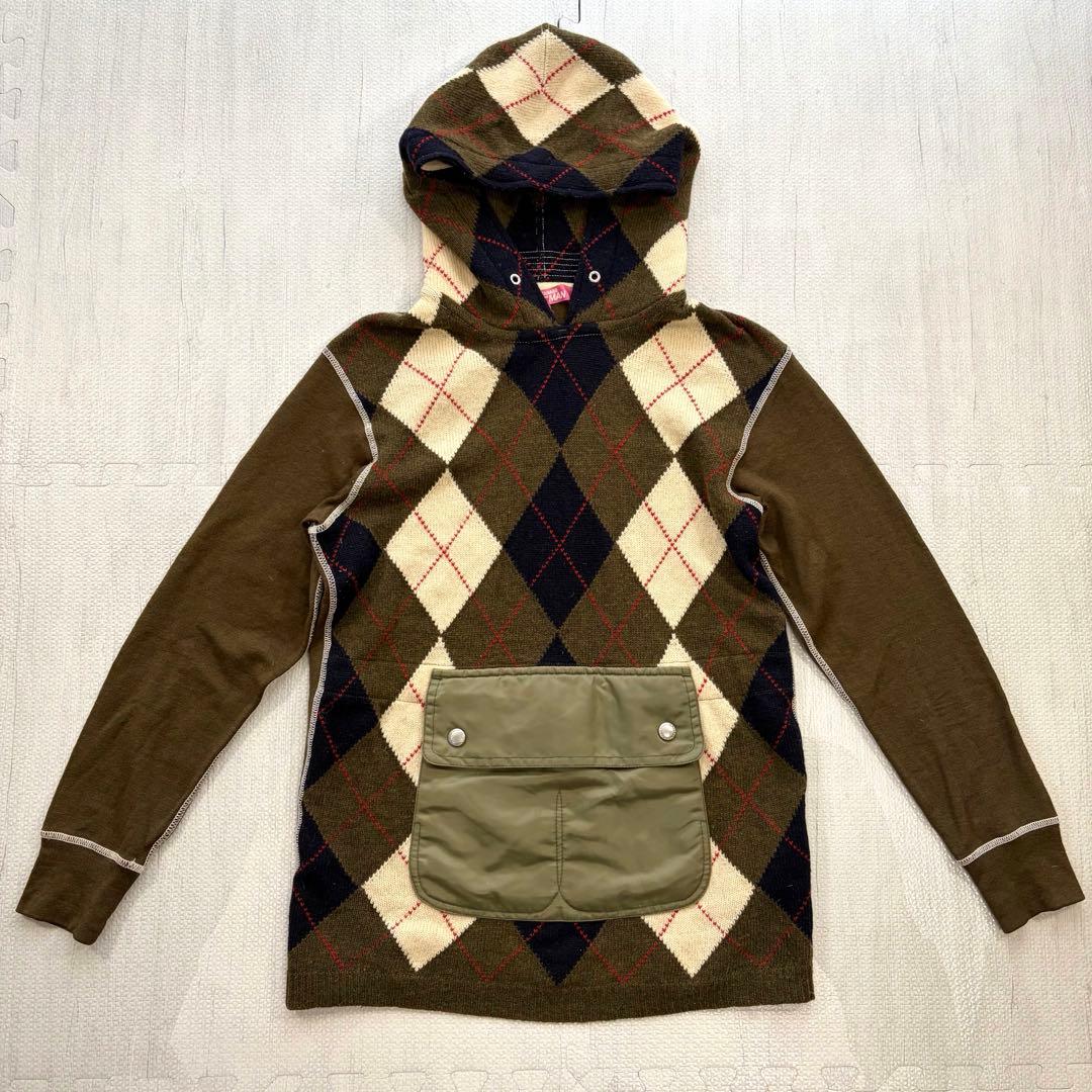 ジュンヤワタナベ アーガイル ニットパーカー ウール カーキ フロントポケット