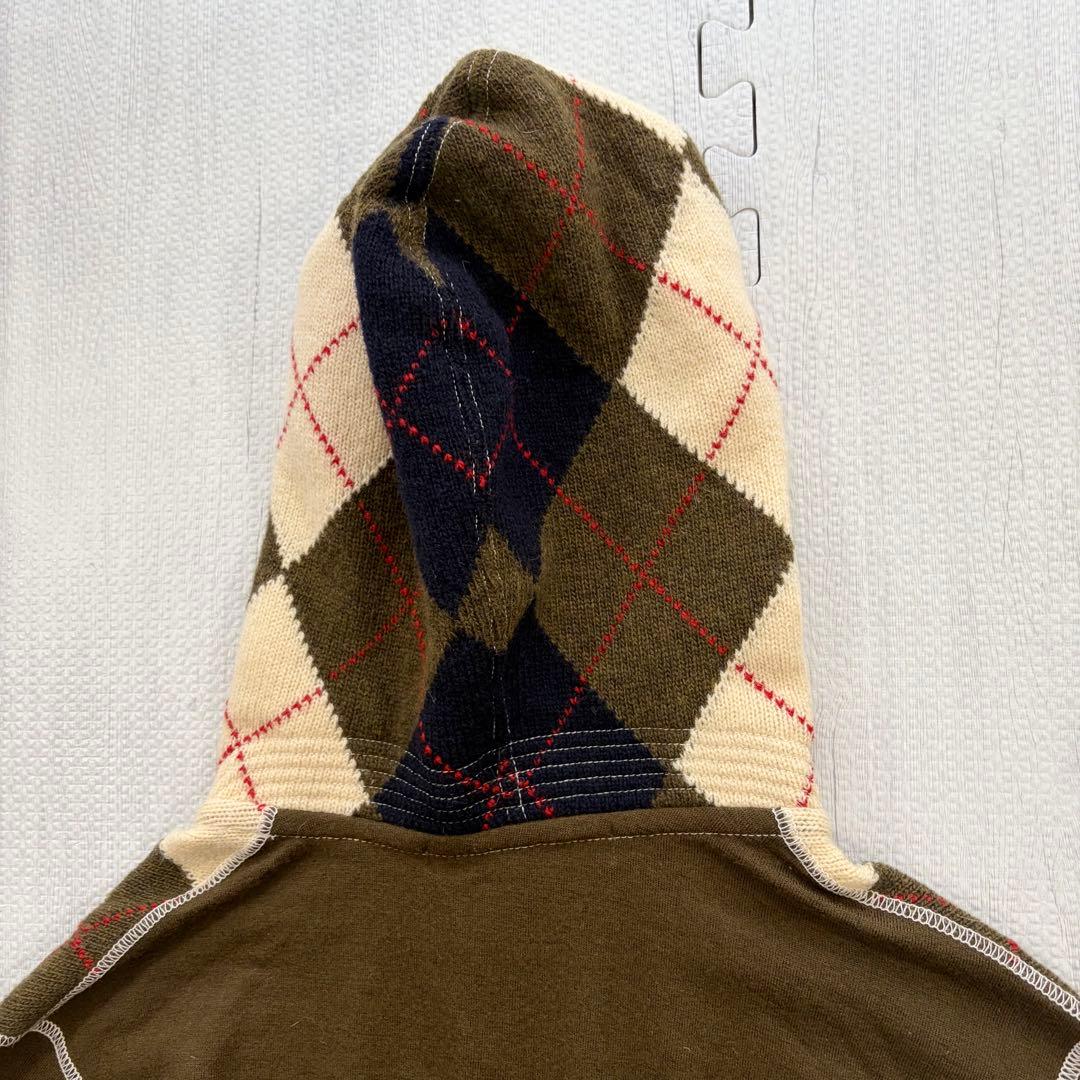 ジュンヤワタナベ アーガイル ニットパーカー ウール カーキ フロントポケット