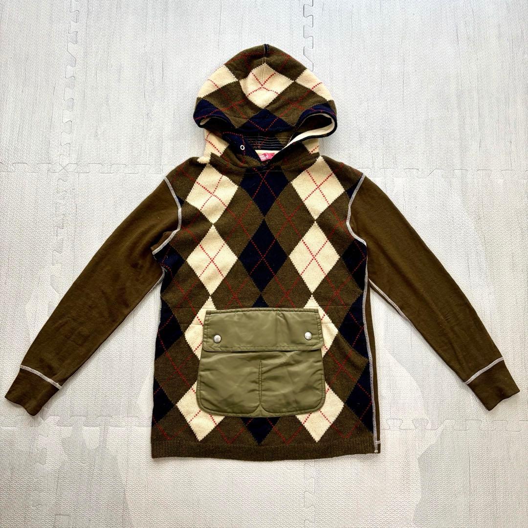 ジュンヤワタナベ アーガイル ニットパーカー ウール カーキ フロントポケット