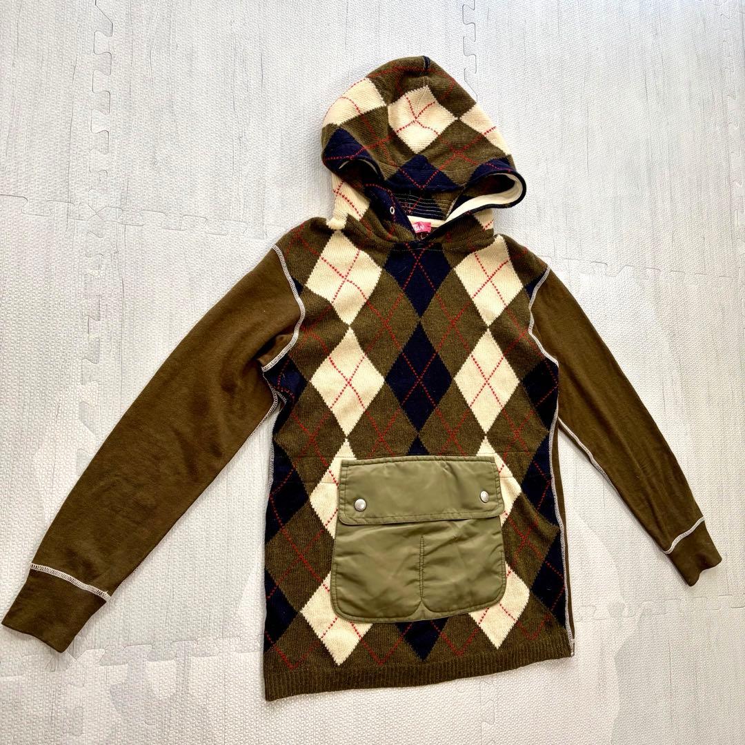 ジュンヤワタナベ アーガイル ニットパーカー ウール カーキ フロントポケット