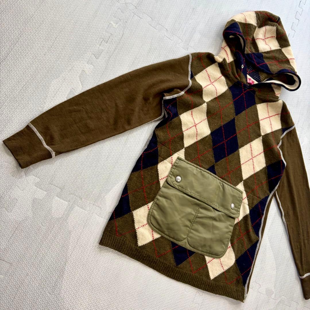 ジュンヤワタナベ アーガイル ニットパーカー ウール カーキ フロントポケット