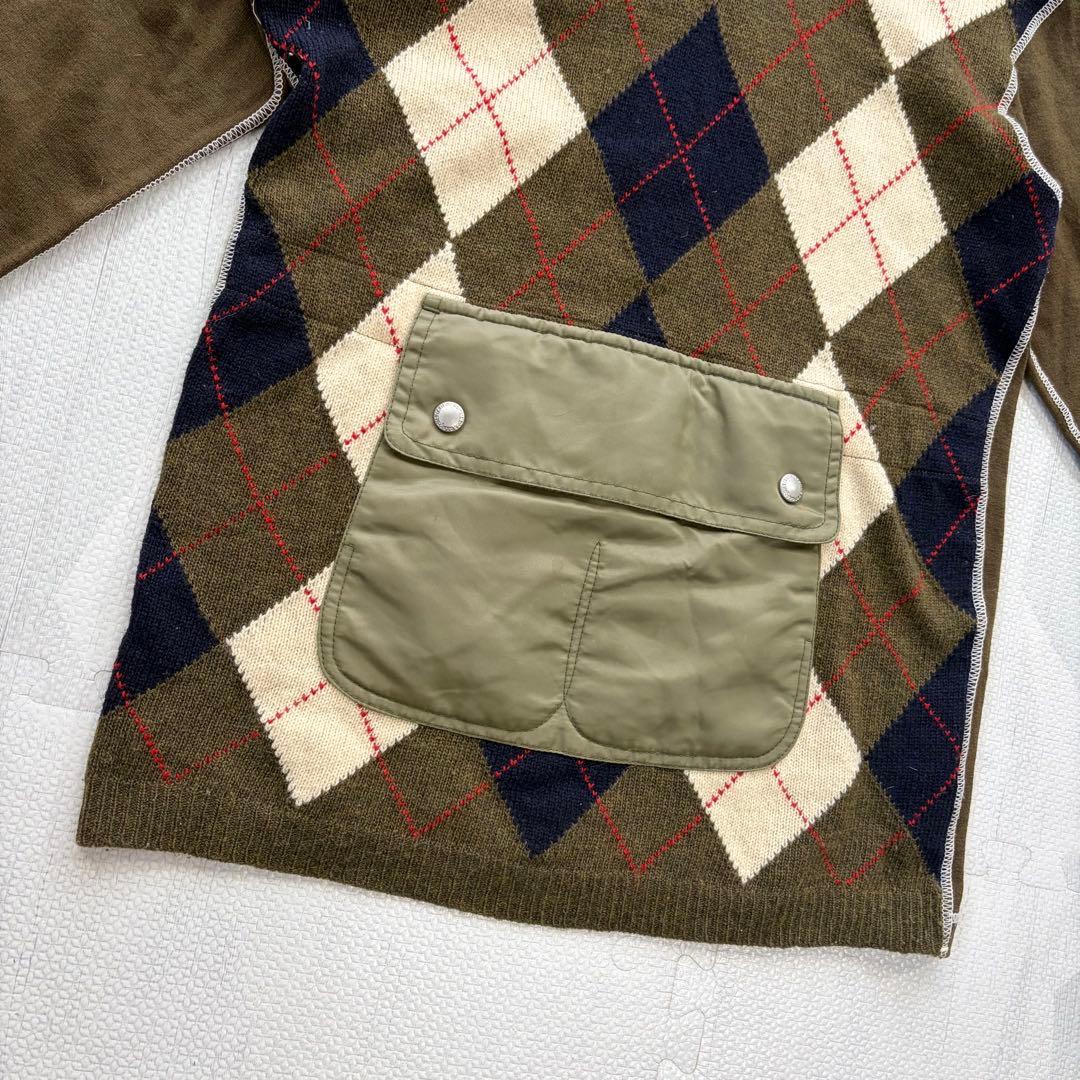 ジュンヤワタナベ アーガイル ニットパーカー ウール カーキ フロントポケット