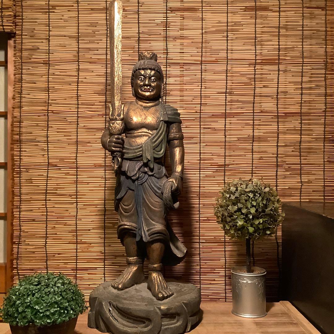 古玩・密教守護神「憤怒・不動明王」不動信仰・天地眼・神仏守護神・特大彩色木彫