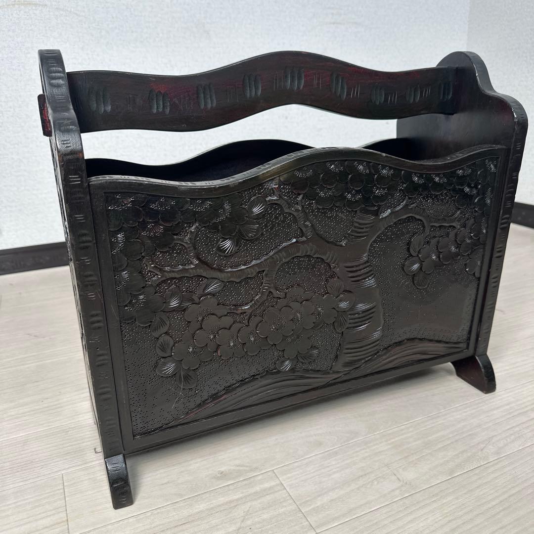 軽井沢彫り マガジンラック スリッパラック アンティーク 工芸品 桜柄 i1※
