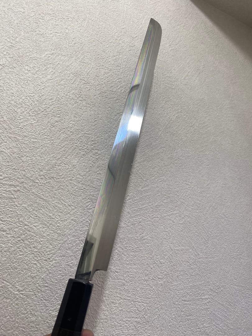 池田辰男 堺正行作 白二鋼 先丸　本焼包丁　刃渡り尺一　箱　鞘付き　波紋あり