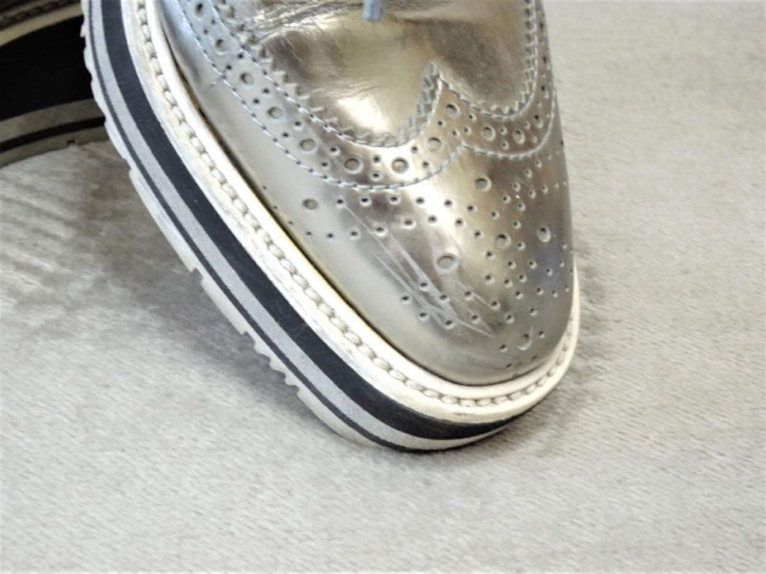 プラダ⭐︎シルバー 厚底 ウィングチップ　レースアップ レザーシューズ 361/2