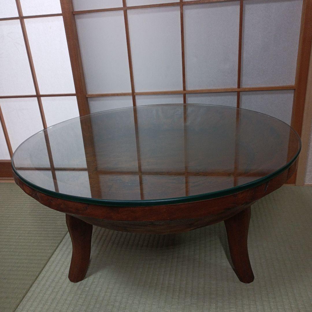 希少　古民家蔵出し品　天然木　座卓　丸テーブル　手彫り　ガラス板付き