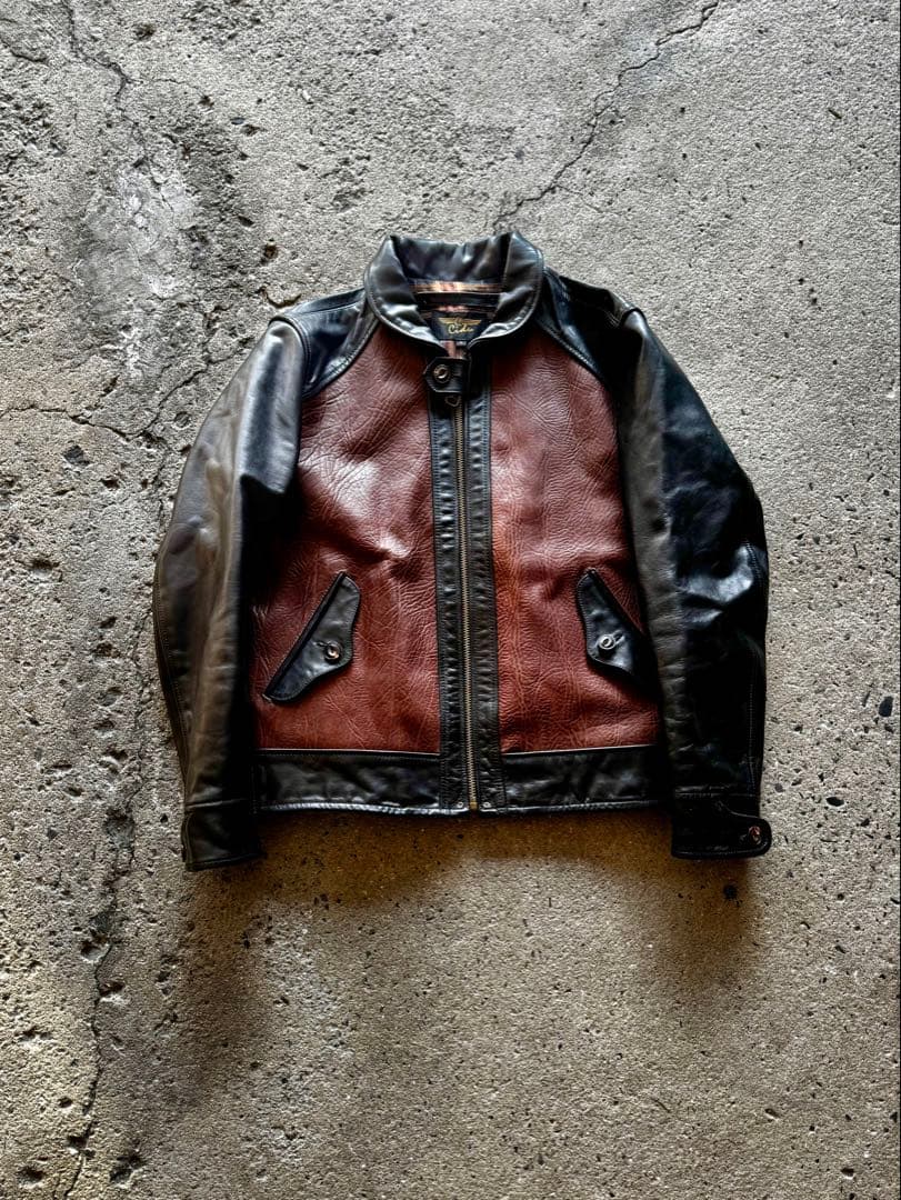 極上牛革 ブラック×ブラウンレザー コンビネーションジャケット スポーツタイプ