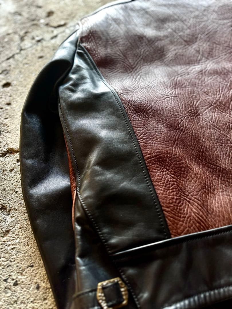 極上牛革 ブラック×ブラウンレザー コンビネーションジャケット スポーツタイプ