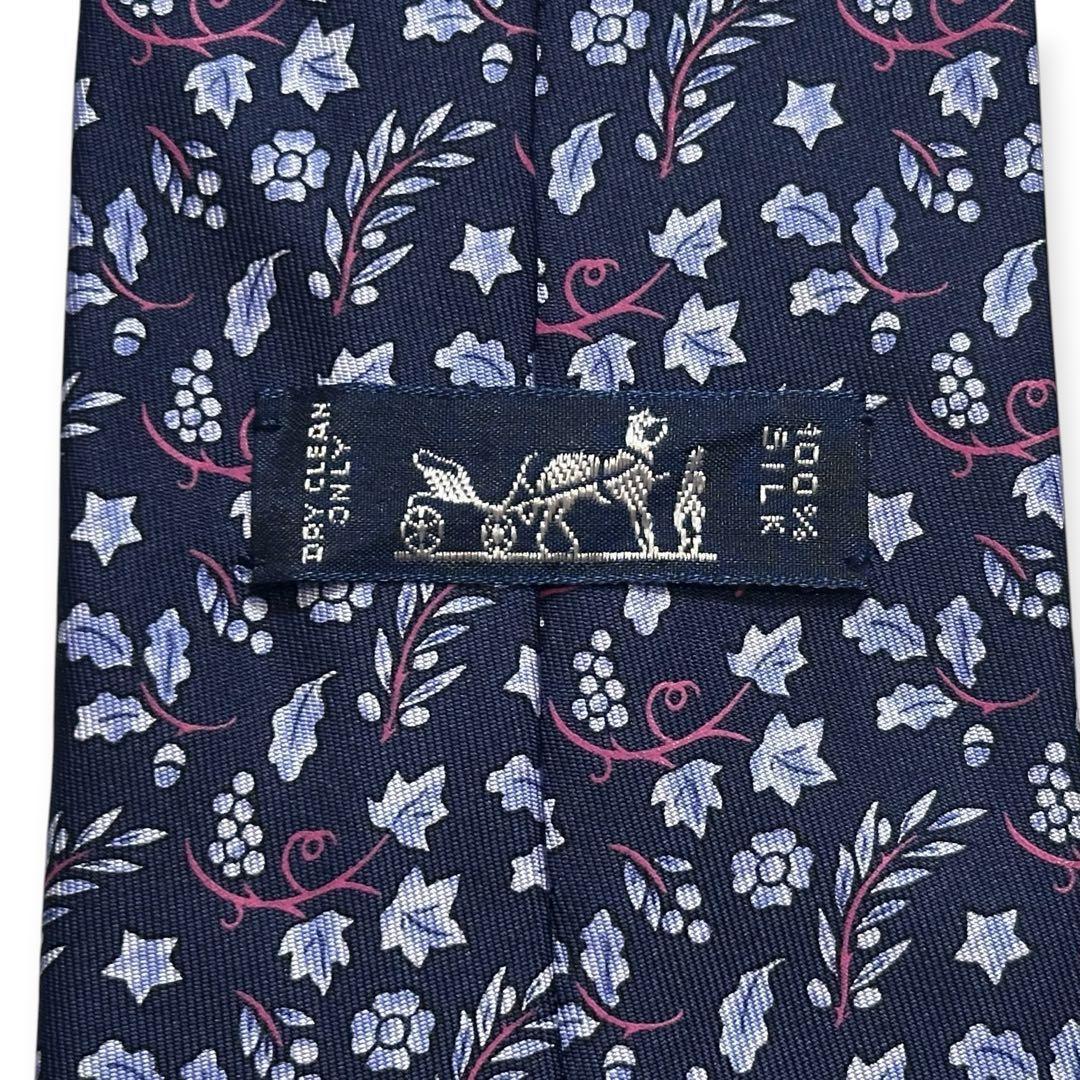 美品✨HERMES ネクタイ　エルメス　ブルー　花柄　ボタニカル　【E】