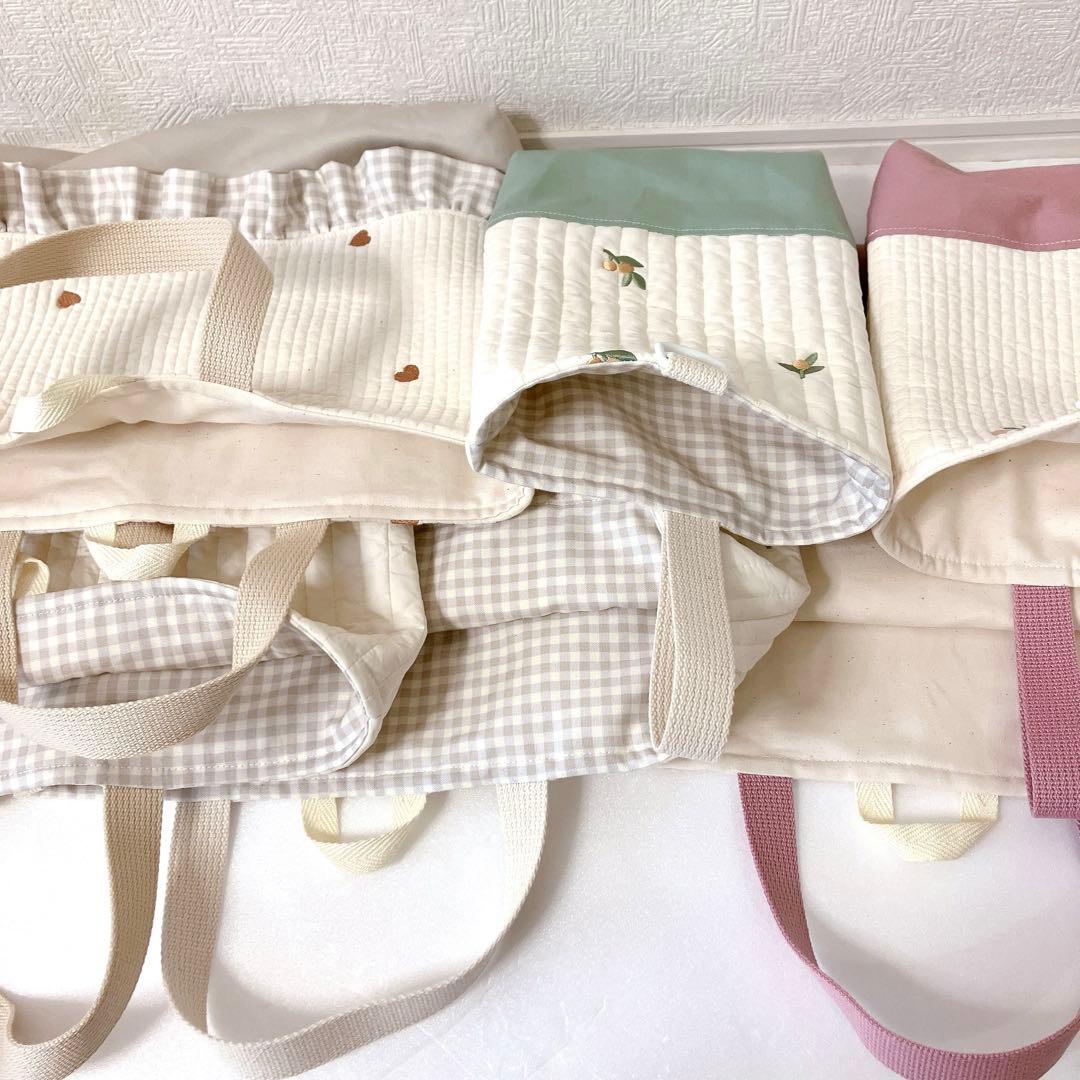 レッスンバッグ✖️4 上履き入れ✖️2ヌビ　オリーブ刺繍　ハート刺繍