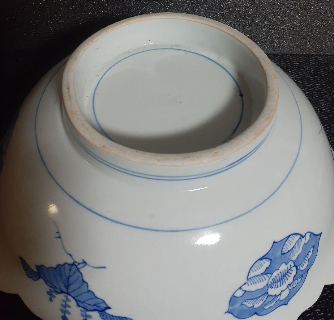 【名品❗】江戸時代後期　古伊万里　染付　鳳凰に桐葉に渦巻き花唐草文様　変形大鉢